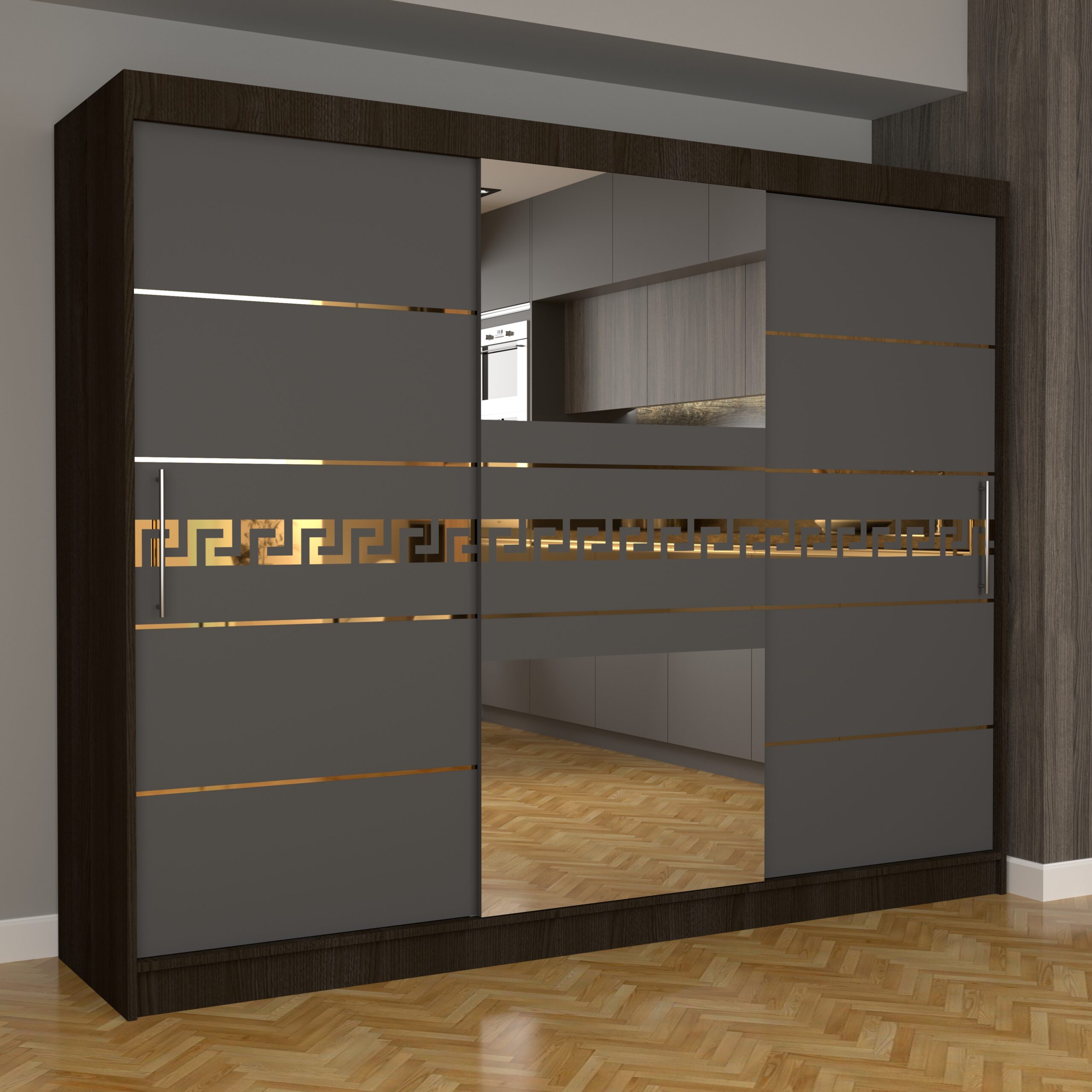 c-65-scaled-1.jpg Dulap Dormitor Nova Gold 250 cm x 200 cm cu oglinda Wenge cu usi glisante Gri - imagine 1