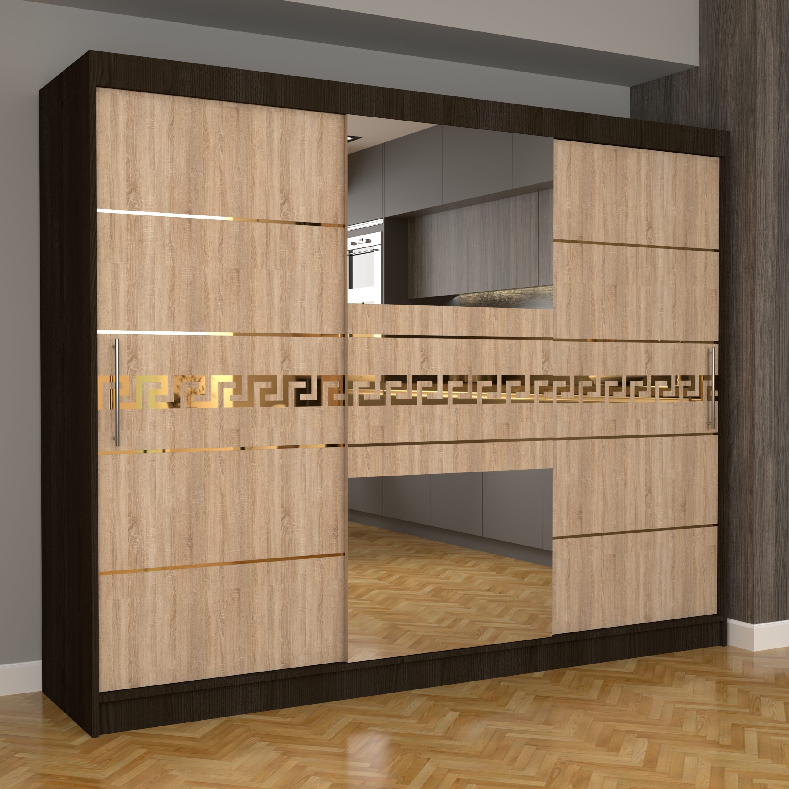 c-67-scaled-1.jpg Dulap Dormitor Nova Gold 250 cm x 200 cm cu oglinda Wenge cu usi glisante Sonoma - imagine 1