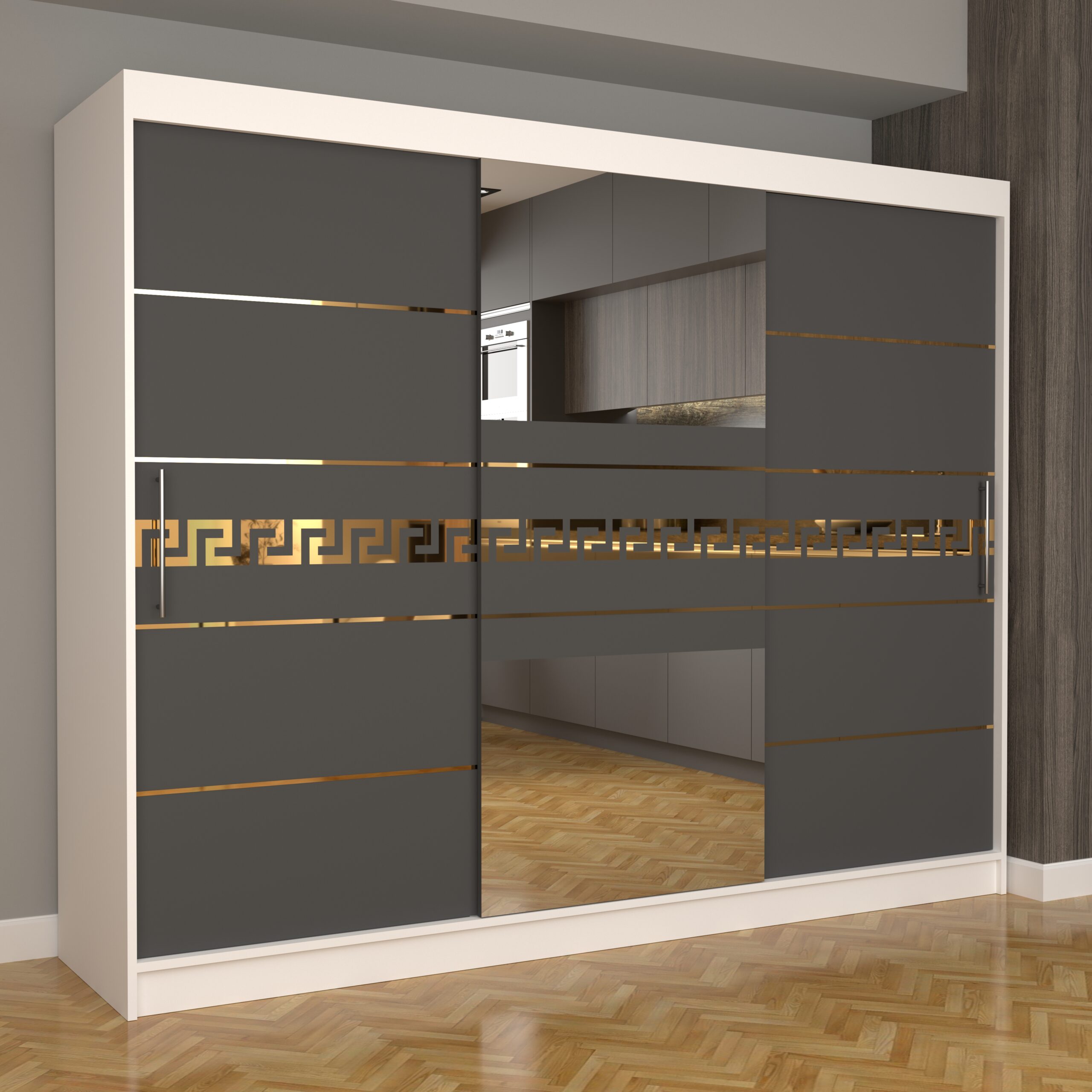 c-73-scaled-1.jpg Dulap Dormitor Nova Gold 250 cm x 200 cm cu oglinda Alb cu usi glisante Gri - imagine 1