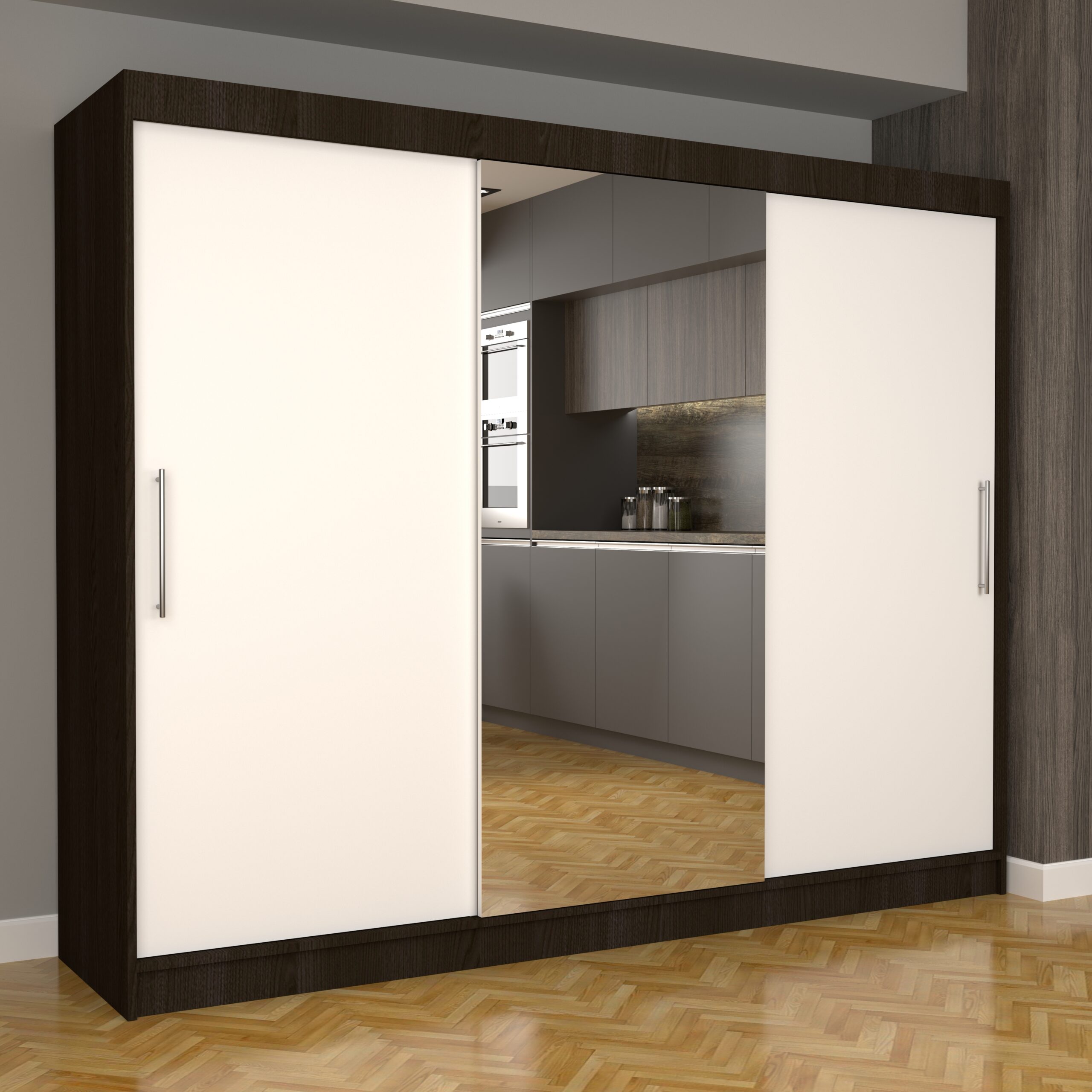 c-87-1-scaled-1.jpg Dulap Dormitor Nova Eco 250 cm x 200 cm, cu oglinda , Wenge cu usi glisante Albe - imagine 1