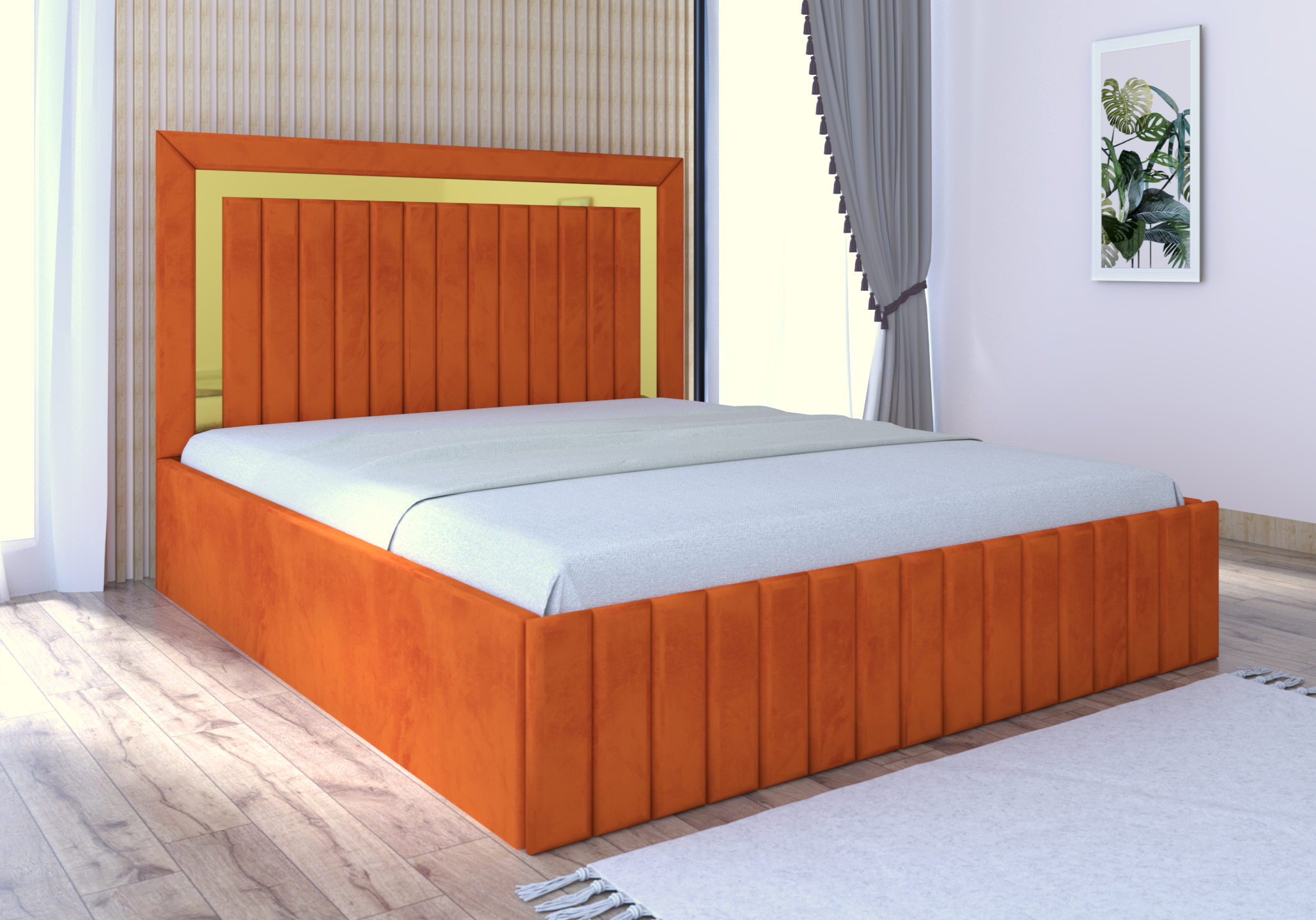 caramiziu-gold.png Pat tapitat Matei Cărămiziu Stofa cu oglinda Gold - imagine 1