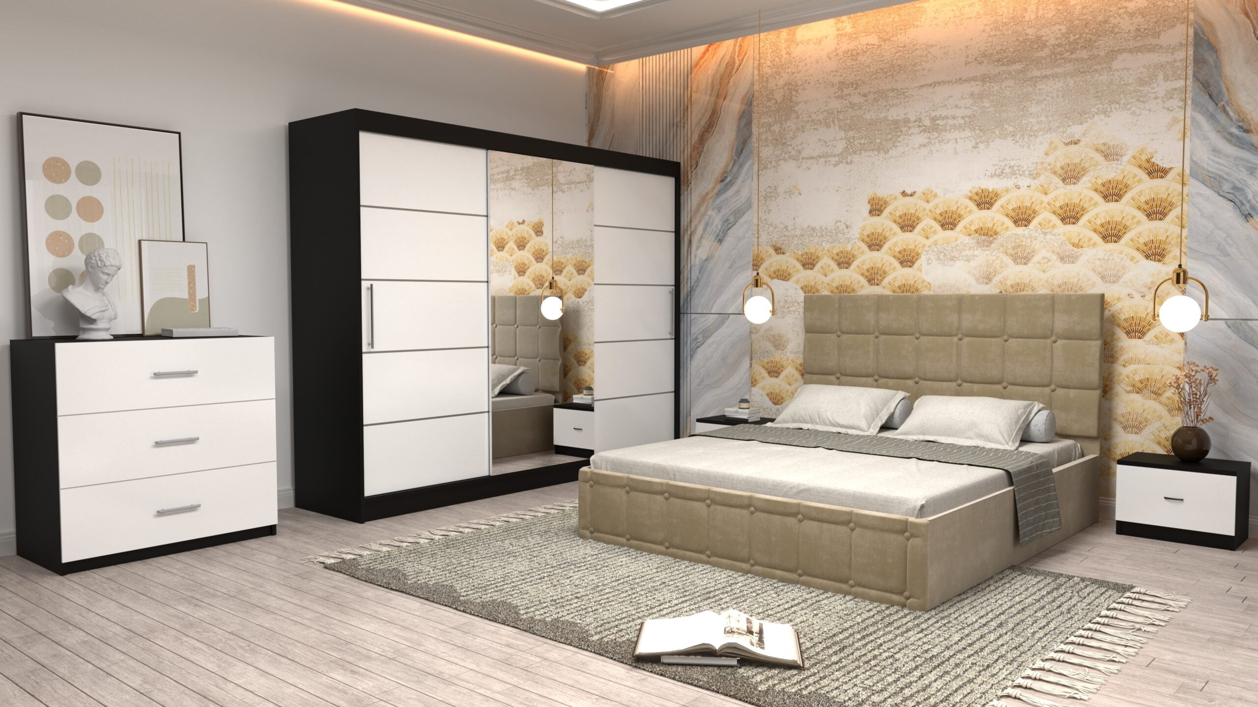 cbej-10-scaled-1.jpg Dormitor Regal cu Pat Matrimonial Bej Stofa Dulap usi glisante 250 x 200 cm Wenghe cu usi Albe Cu Oglinda Noptiere si comoda TV - imagine 1