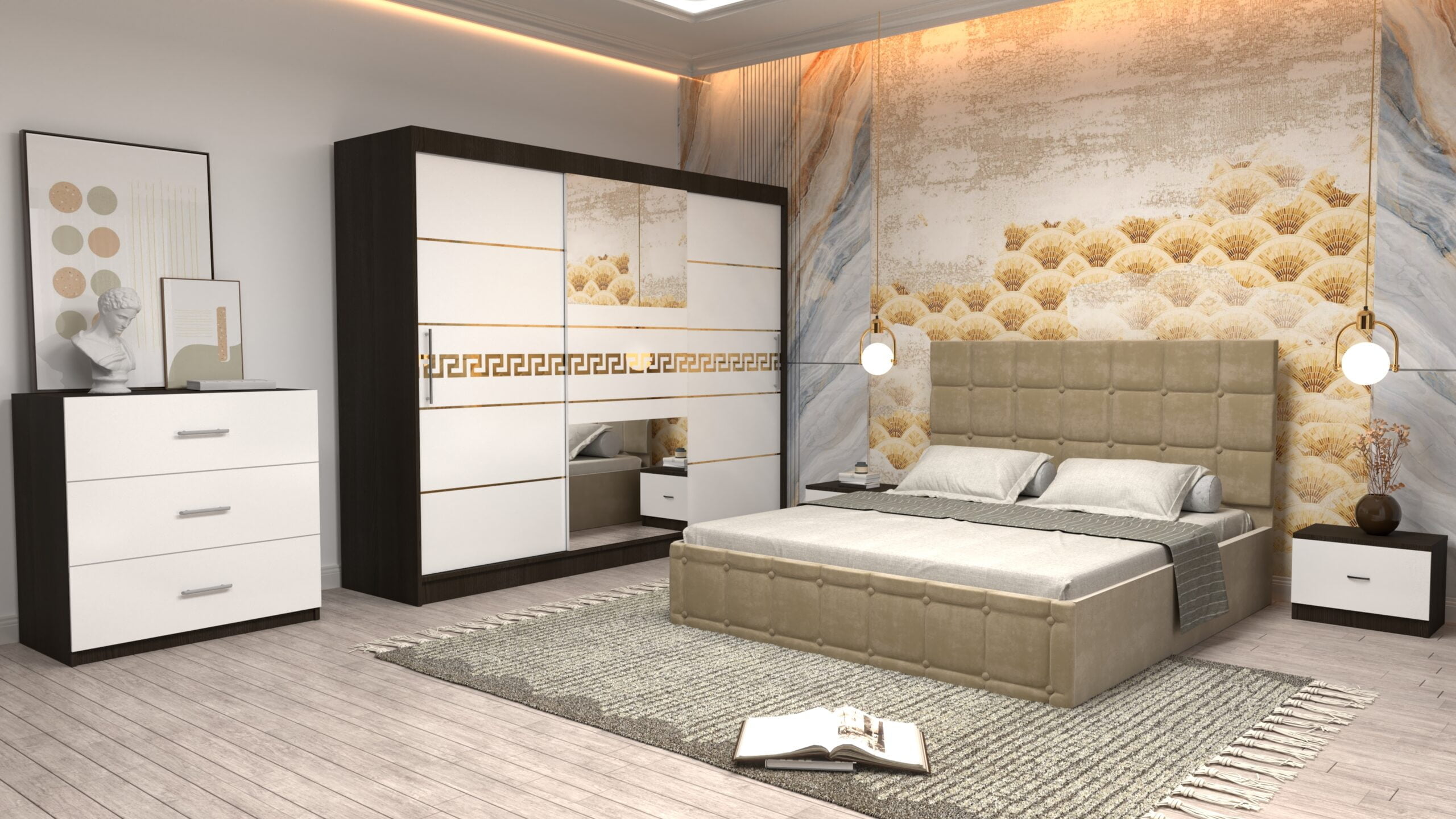 cbej-11-scaled-1.jpg Dormitor Regal cu Pat Matrimonial Bej Stofa Dulap Gold usi glisante 250 x 200 cm Wenghe cu usi Albe Cu Oglinda Noptiere si comoda TV - imagine 1