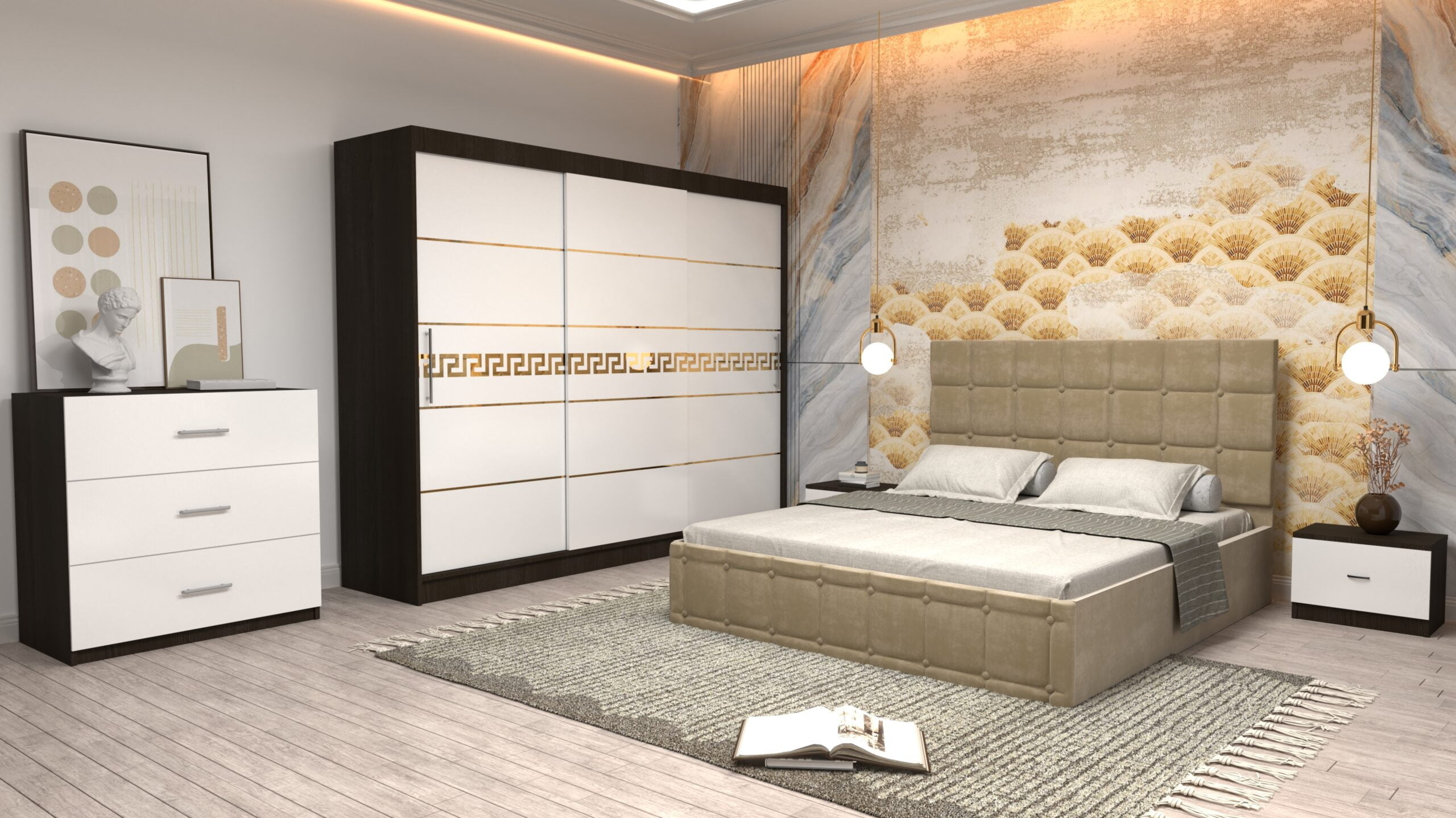 cbej-12-scaled-1.jpg Dormitor Regal cu Pat Matrimonial Bej Stofa Dulap Gold usi glisante 250 x 200 cm Wenghe cu usi Albe Fara Oglinda Noptiere si comoda TV - imagine 1