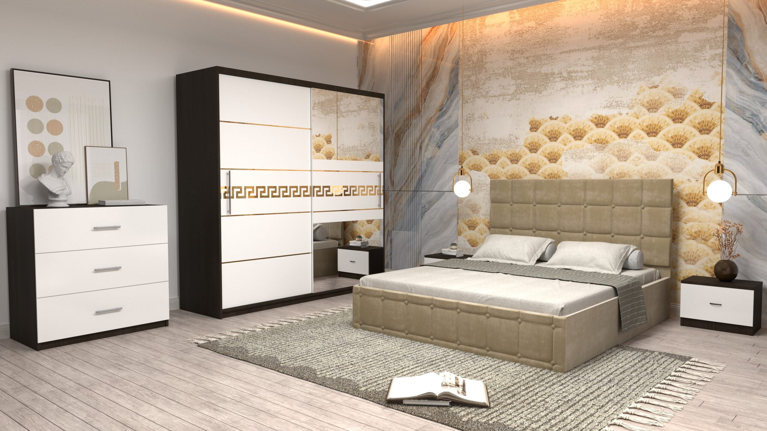 cbej-13-scaled-1.jpg Dormitor Regal cu Pat Matrimonial Bej Stofa Dulap Gold usi glisante 200 x 200 cm Wenghe cu usi Albe Cu Oglinda Noptiere si comoda TV - imagine 1