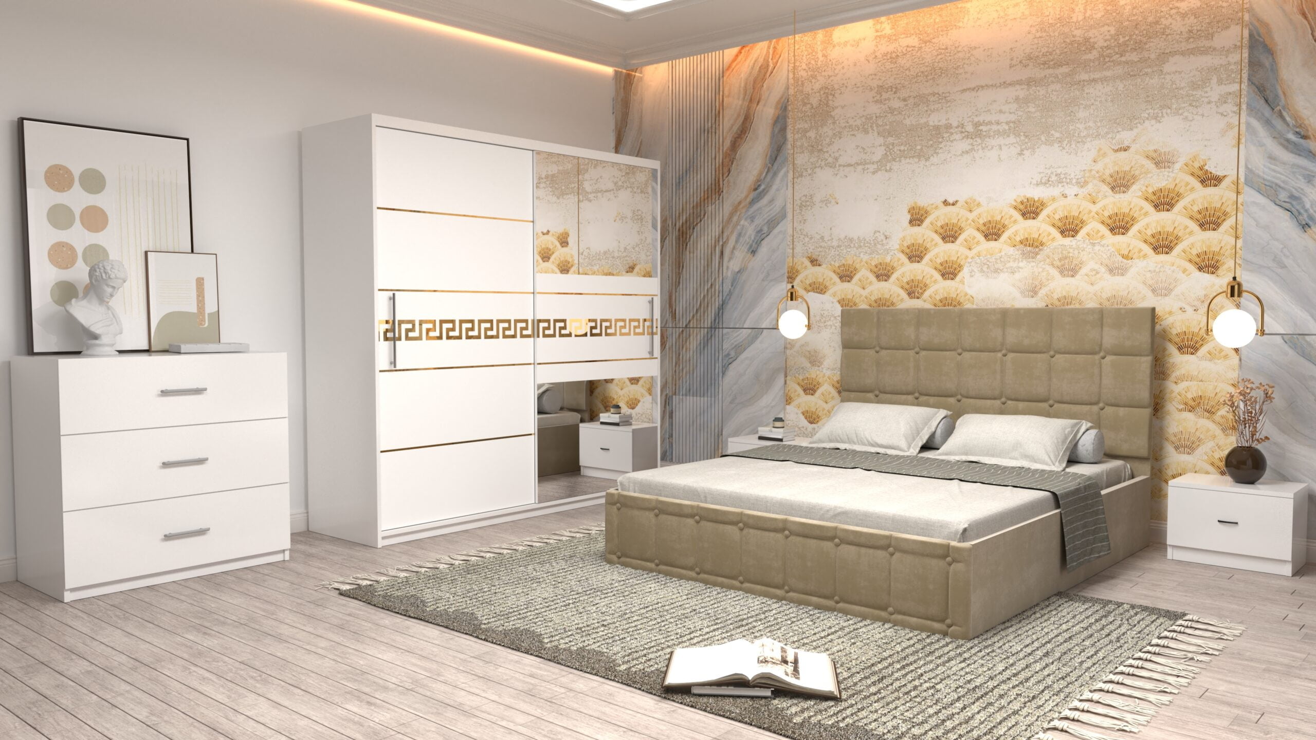 cbej-18-scaled-1.jpg Dormitor Regal cu Pat Matrimonial Bej Stofa Dulap Gold usi glisante 200 x 200 cm Alb cu usi Albe Cu Oglinda Noptiere si comoda TV - imagine 1