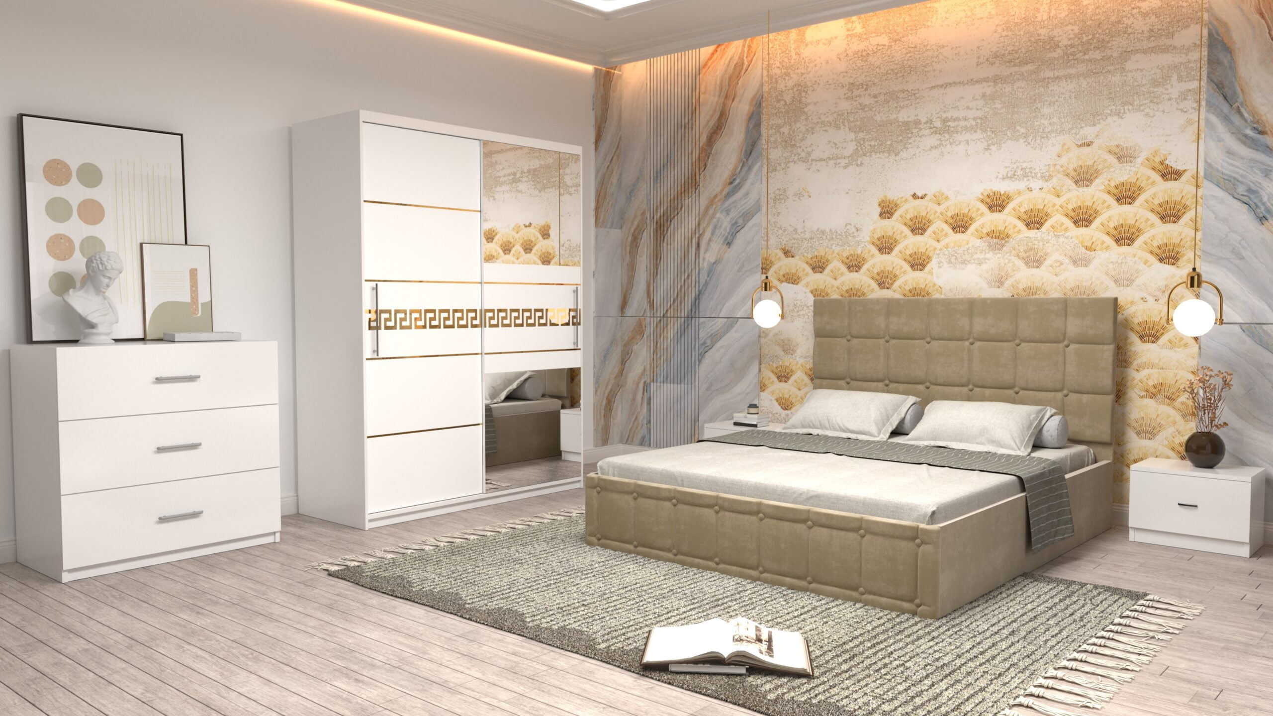 cbej-19-scaled-1.jpg Dormitor Regal cu Pat Matrimonial Bej Stofa Dulap Gold usi glisante 150 x 200 cm Alb cu usi Albe Cu Oglinda Noptiere si comoda TV - imagine 1