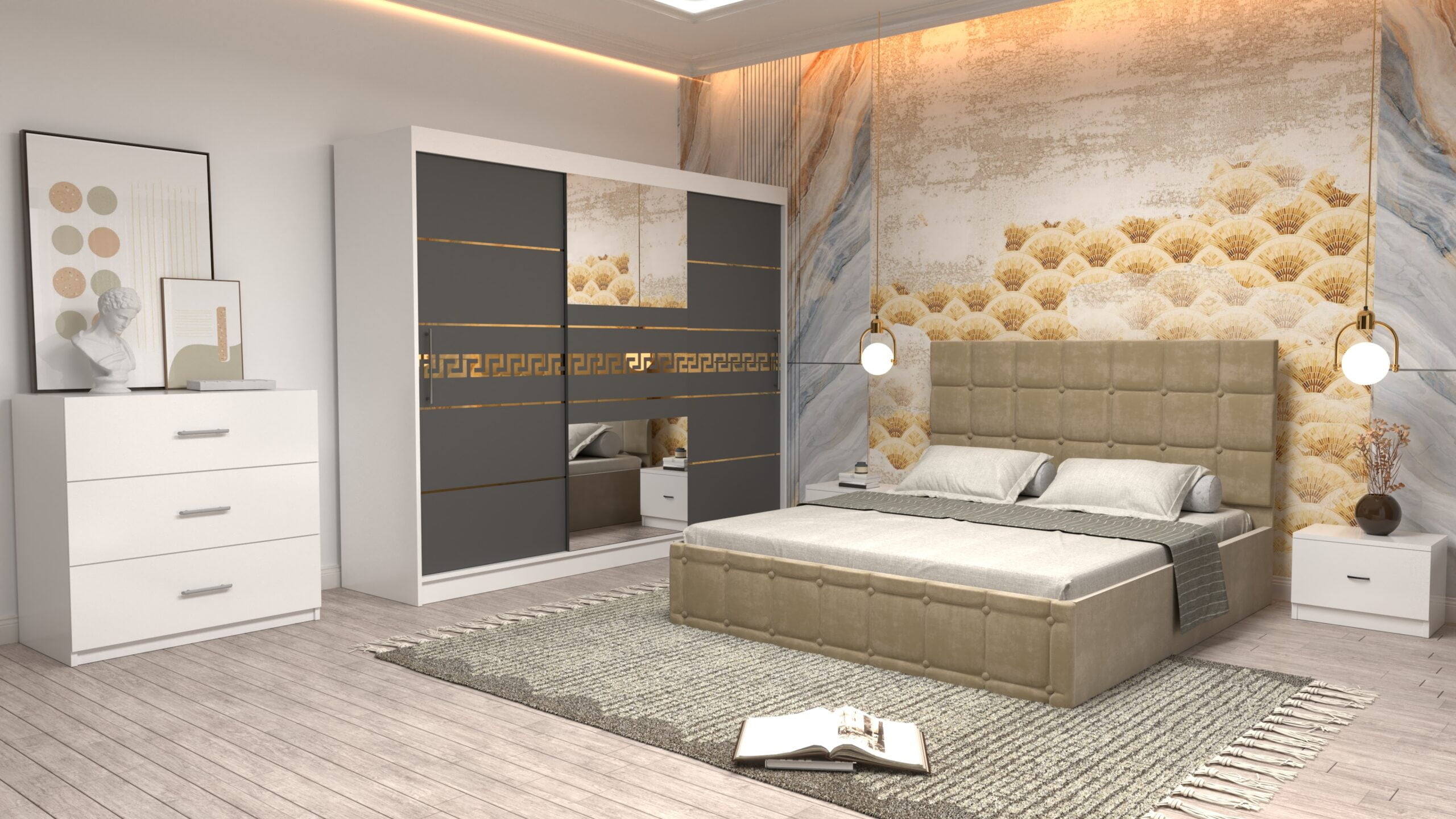 cbej-3-scaled-1.jpg Dormitor Regal cu Pat Matrimonial Bej Stofa Dulap Gold usi glisante 250 x 200 cm Alb cu usi Gri cu Oglinda Noptiere si comoda TV - imagine 1