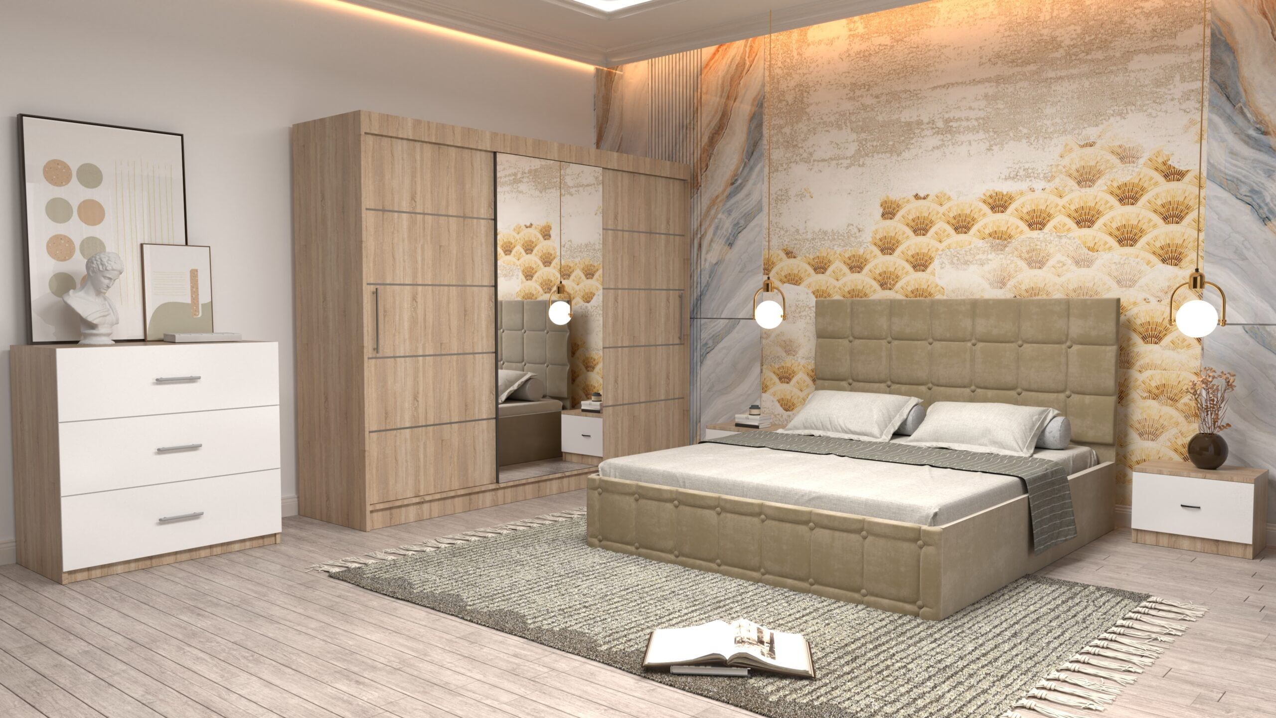 cbej-8-scaled-1.jpg Dormitor Regal cu Pat Matrimonial Bej Stofa Dulap usi glisante 250 x 200 cm Sonoma cu usi Sonoma Cu Oglinda Noptiere si comoda TV - imagine 1