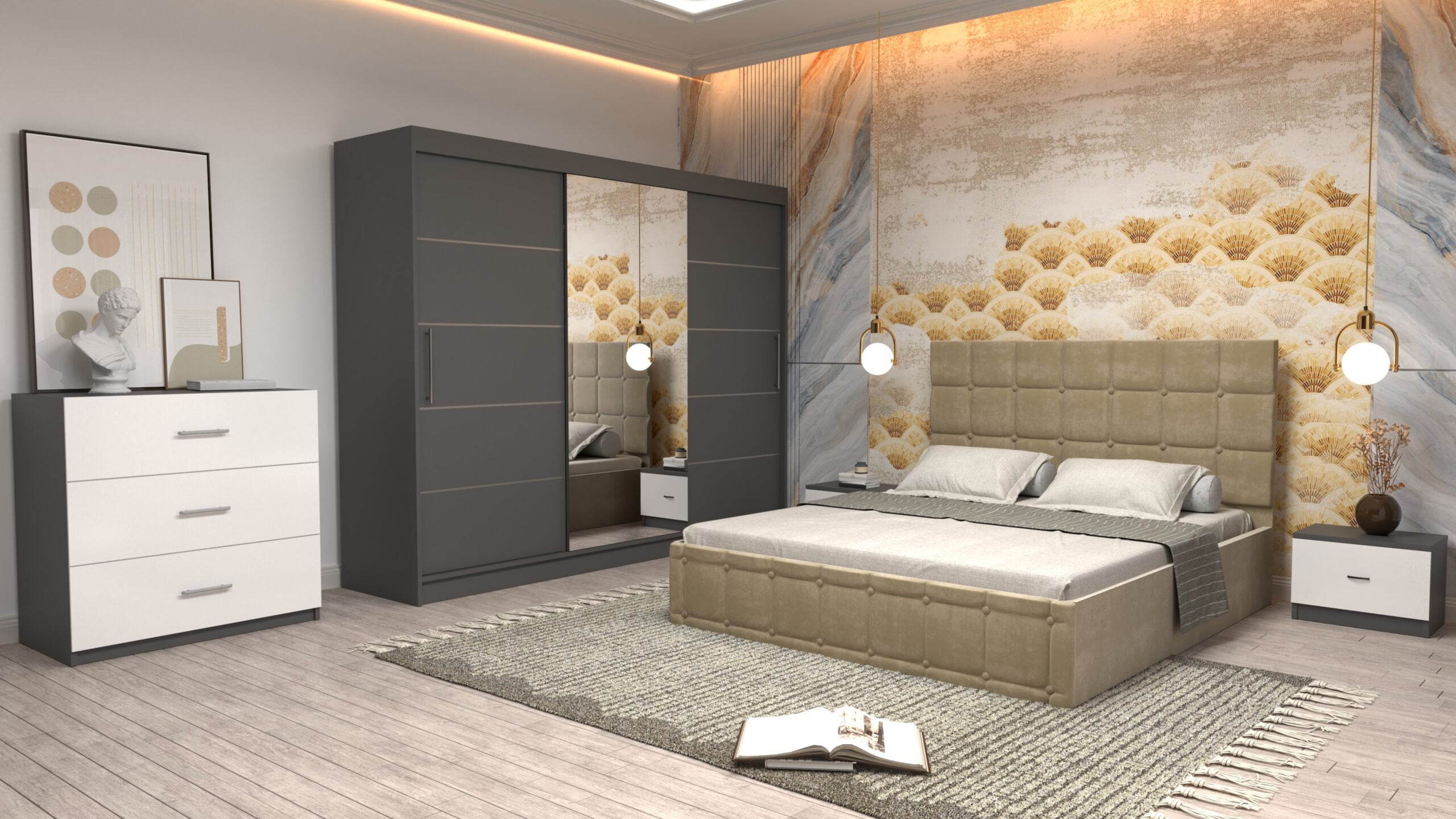 cbej-9-scaled-1.jpg Dormitor Regal cu Pat Matrimonial Bej Stofa Dulap usi glisante 250 x 200 cm Gri cu usi Gri Cu Oglinda si Noptiere comoda TV - imagine 1
