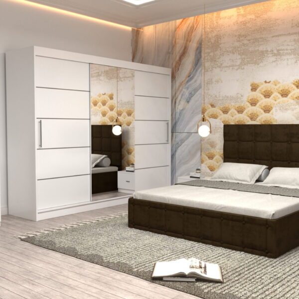 Dormitor Regal cu Pat Matrimonial Maro Stofa Dulap usi glisante 250 x 200 cm Alb cu usi Albe Cu Oglinda Noptiere si comoda TV