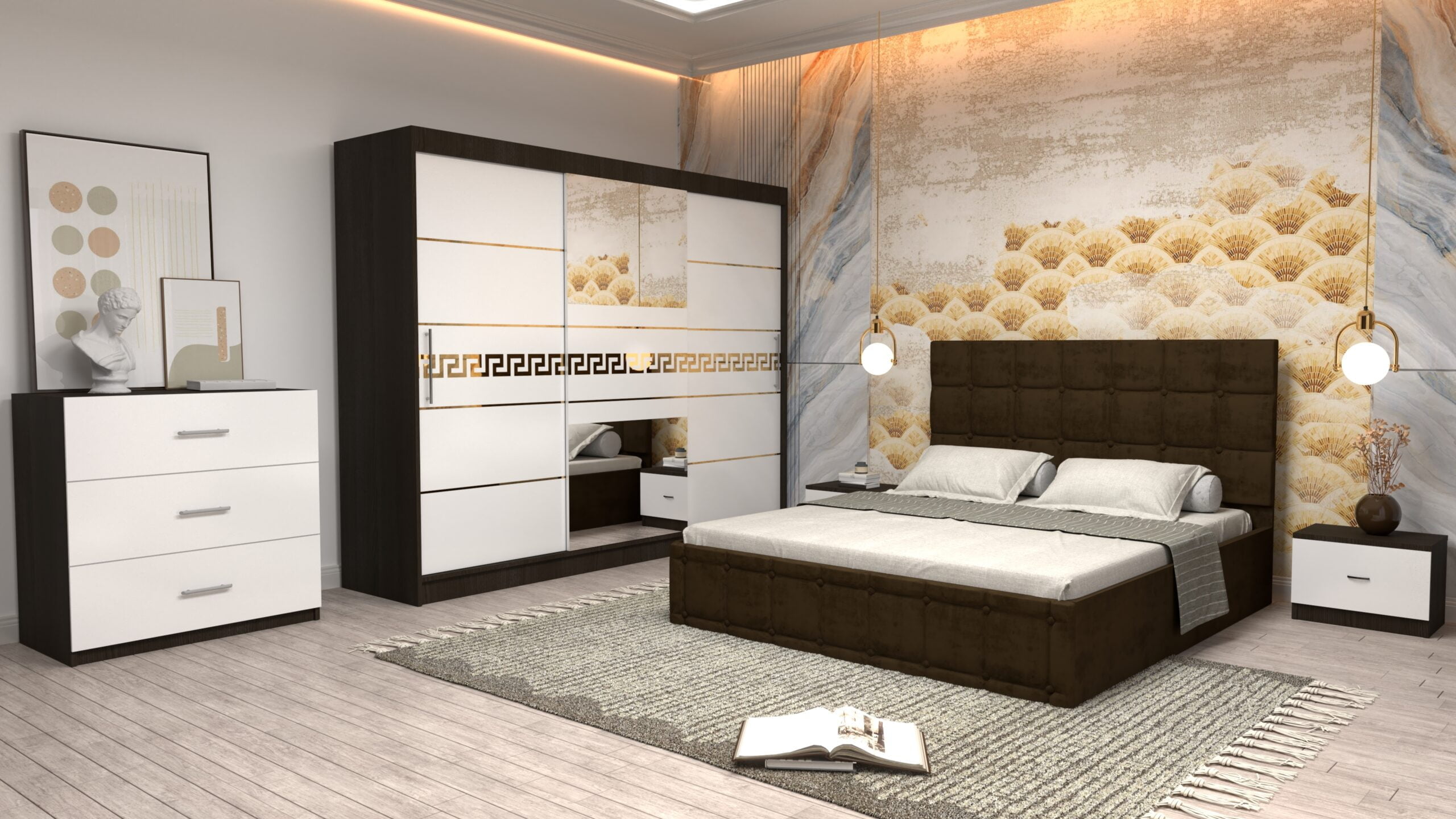 cmaro-11-scaled-1.jpg Dormitor Regal cu Pat Matrimonial Maro Stofa Dulap Gold usi glisante 250 x 200 cm Wenghe cu usi Albe Cu Oglinda Noptiere si comoda TV - imagine 1