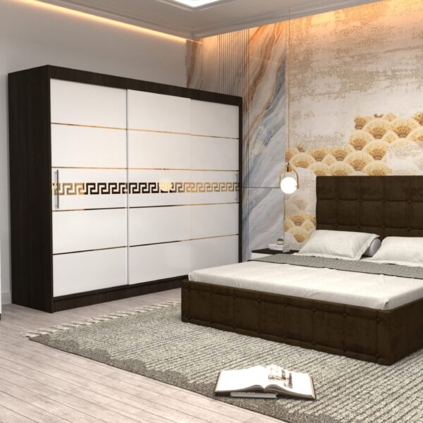Dormitor Regal cu Pat Matrimonial Maro Stofa Dulap Gold usi glisante 250 x 200 cm Wenghe cu usi Albe Fara Oglinda Noptiere si comoda TV