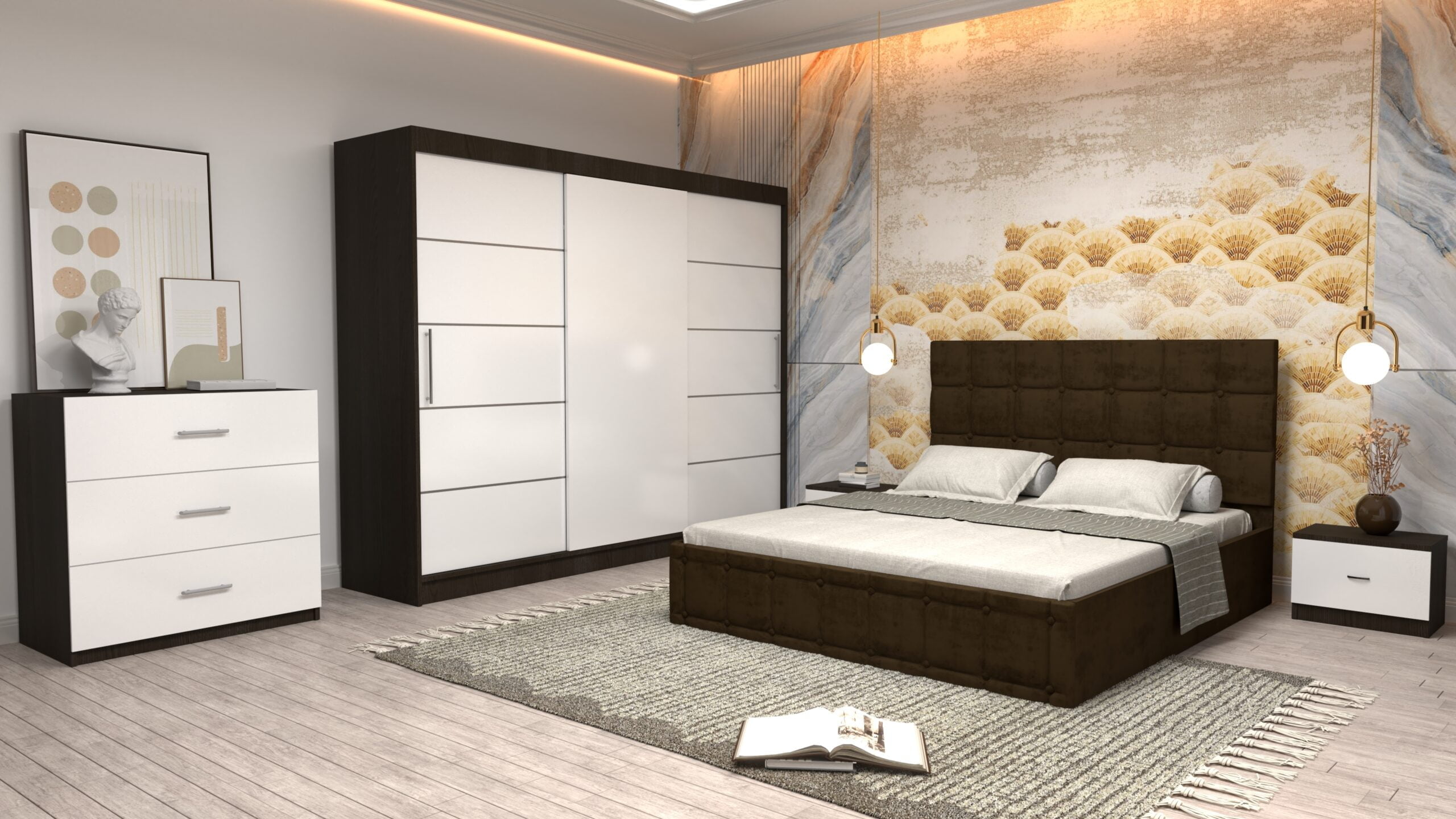 cmaro-15-scaled-1.jpg Dormitor Regal cu Pat Matrimonial Maro Stofa Dulap usi glisante 250 x 200 cm Wenghe cu usi Albe Fara Oglinda Noptiere si comoda TV - imagine 1