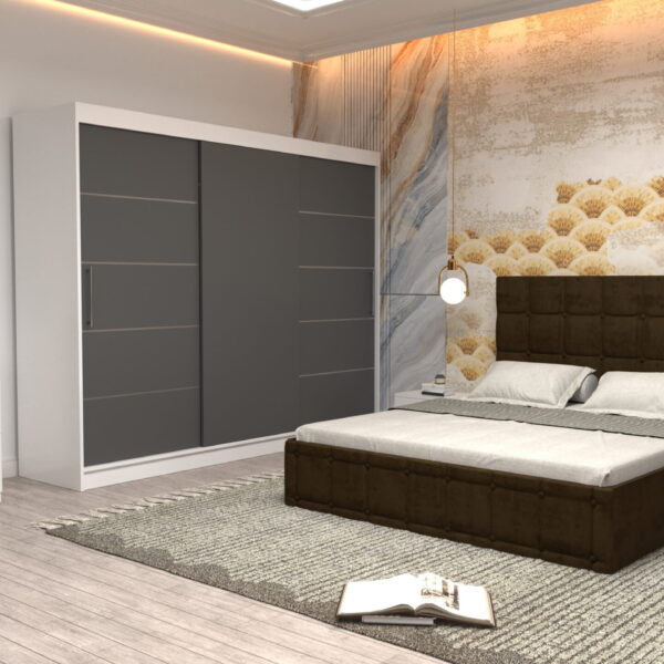 Dormitor Regal cu Pat Matrimonial Maro Stofa Dulap usi glisante 250 x 200 cm Alb cu usi Gri Fara Oglinda Noptiere si comoda TV