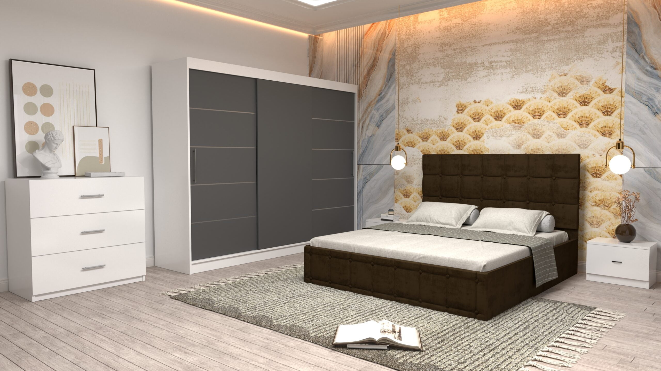 cmaro-2-scaled-1.jpg Dormitor Regal cu Pat Matrimonial Maro Stofa Dulap usi glisante 250 x 200 cm Alb cu usi Gri Fara Oglinda Noptiere si comoda TV - imagine 1