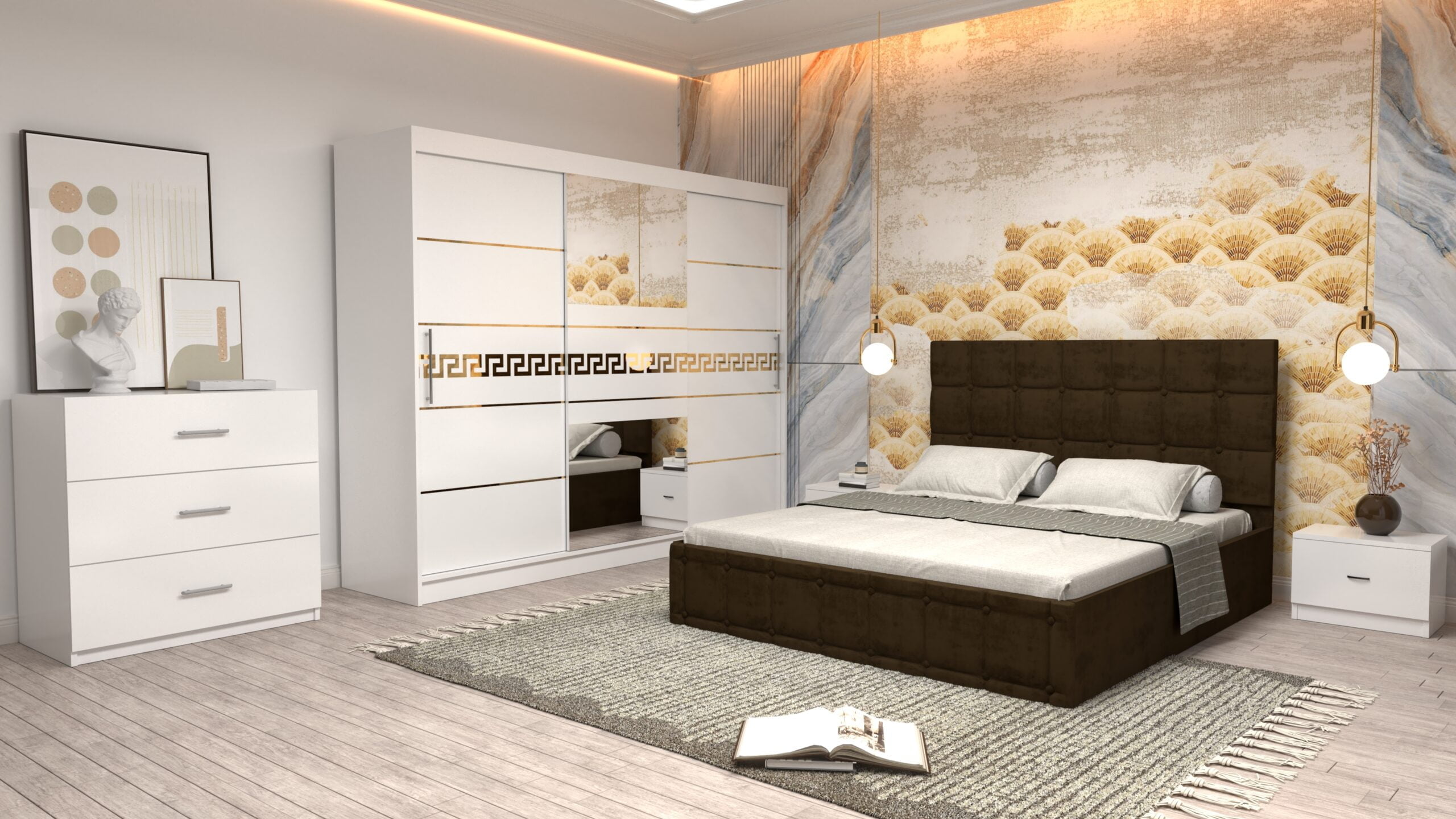 cmaro-5-scaled-1.jpg Dormitor Regal cu Pat Matrimonial Maro Stofa Dulap Gold usi glisante 250 x 200 cm Alb cu usi Albe Cu Oglinda Noptiere si comoda TV - imagine 1