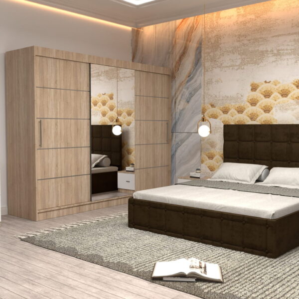 Dormitor Regal cu Pat Matrimonial Maro Stofa Dulap usi glisante 250 x 200 cm Sonoma cu usi Sonoma Cu Oglinda Noptiere si comoda TV