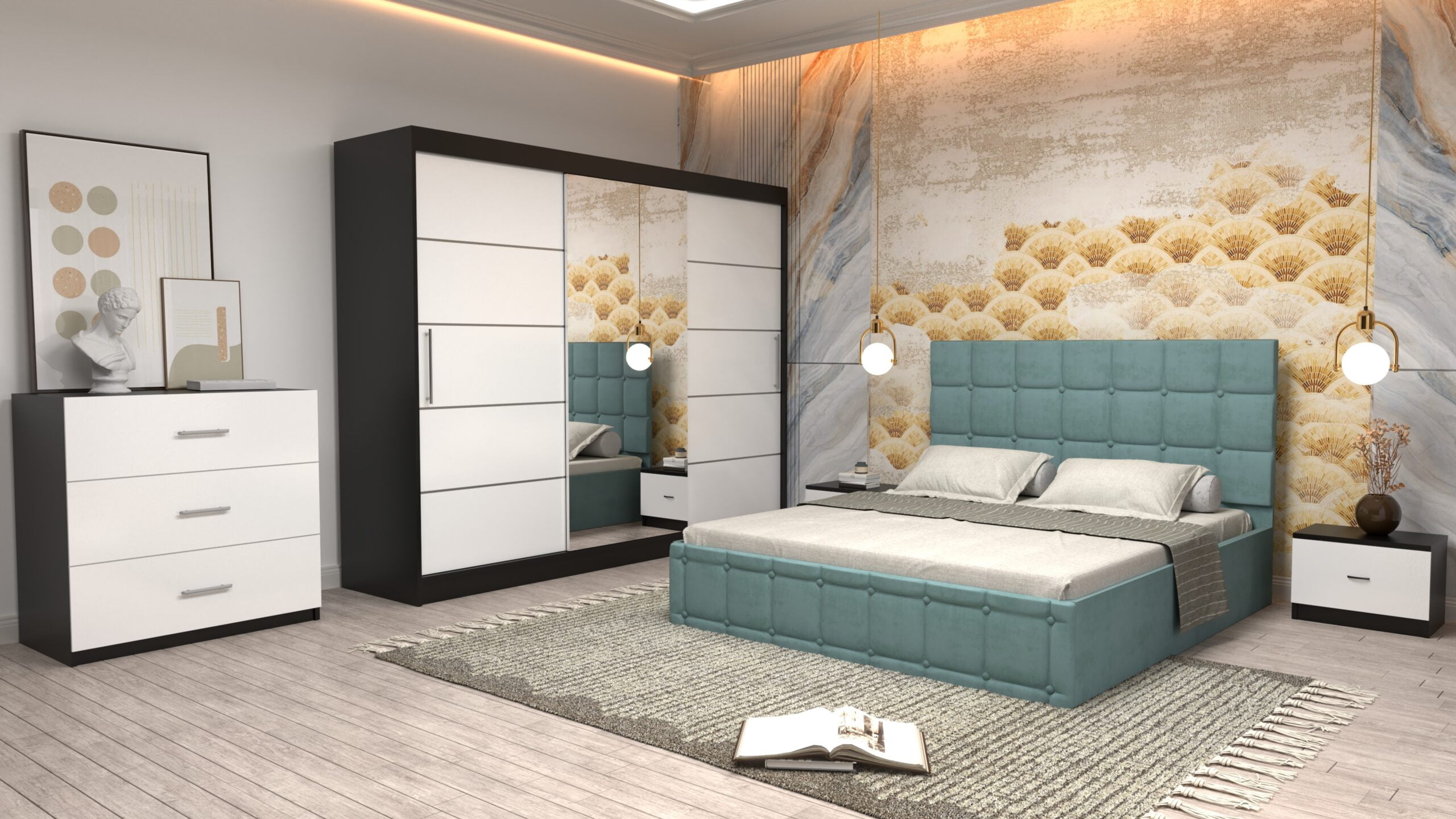 ctur-10-scaled-1.jpg Dormitor Regal cu Pat Matrimonial Turcoaz Stofa Dulap usi glisante 250 x 200 cm Wenghe cu usi Albe Cu Oglinda Noptiere si comoda TV - imagine 1