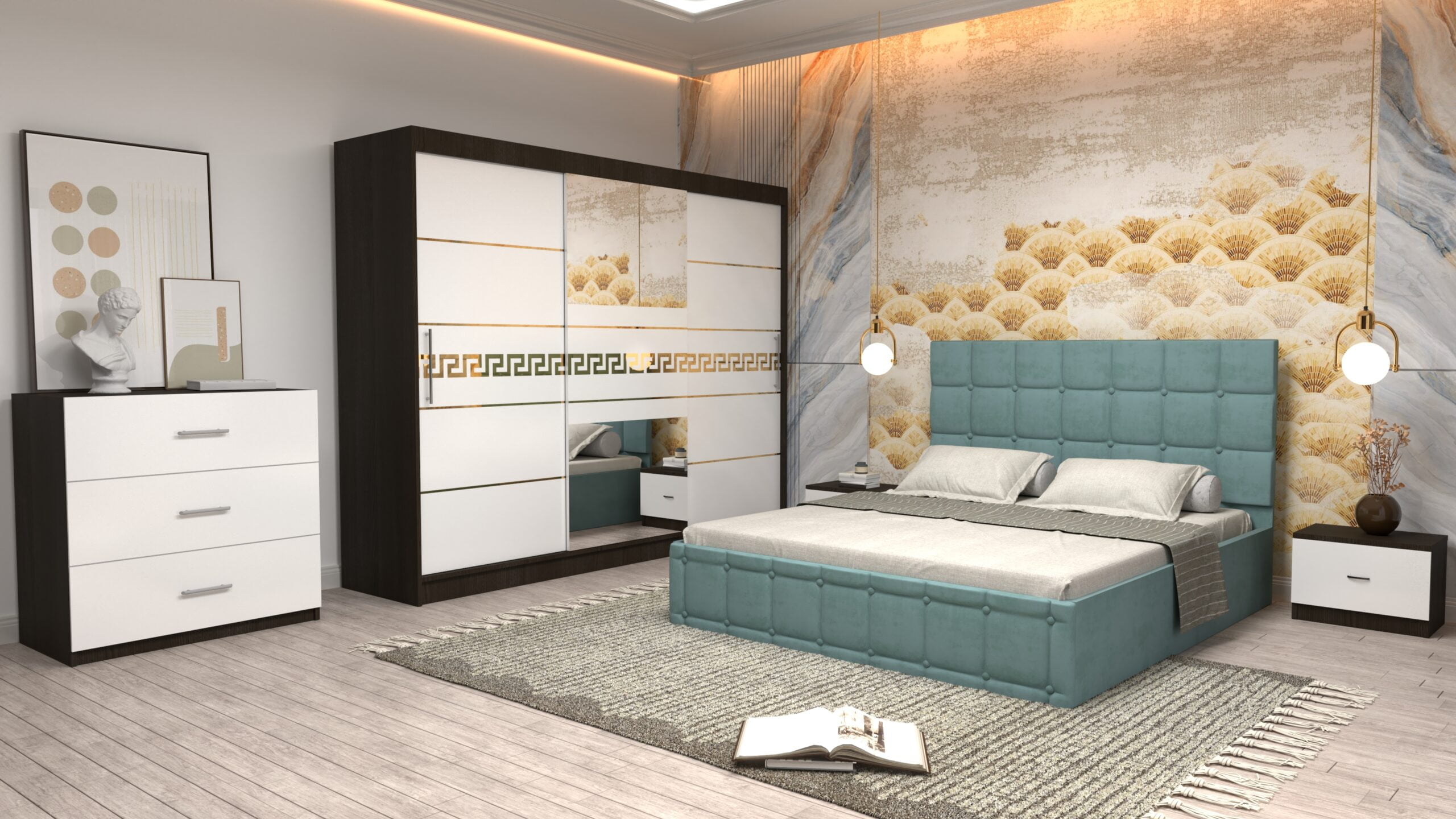 ctur-11-scaled-1.jpg Dormitor Regal cu Pat Matrimonial Turcoaz Stofa Dulap Gold usi glisante 250 x 200 cm Wenghe cu usi Albe Cu Oglinda Noptiere si comoda TV - imagine 1