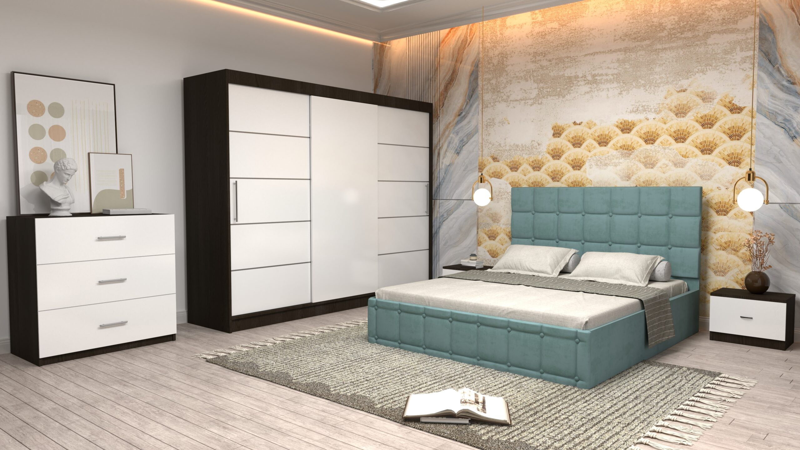 ctur-15-scaled-1.jpg Dormitor Regal cu Pat Matrimonial Turcoaz Stofa Dulap usi glisante 250 x 200 cm Wenghe cu usi Albe Fara Oglinda Noptiere si comoda TV - imagine 1