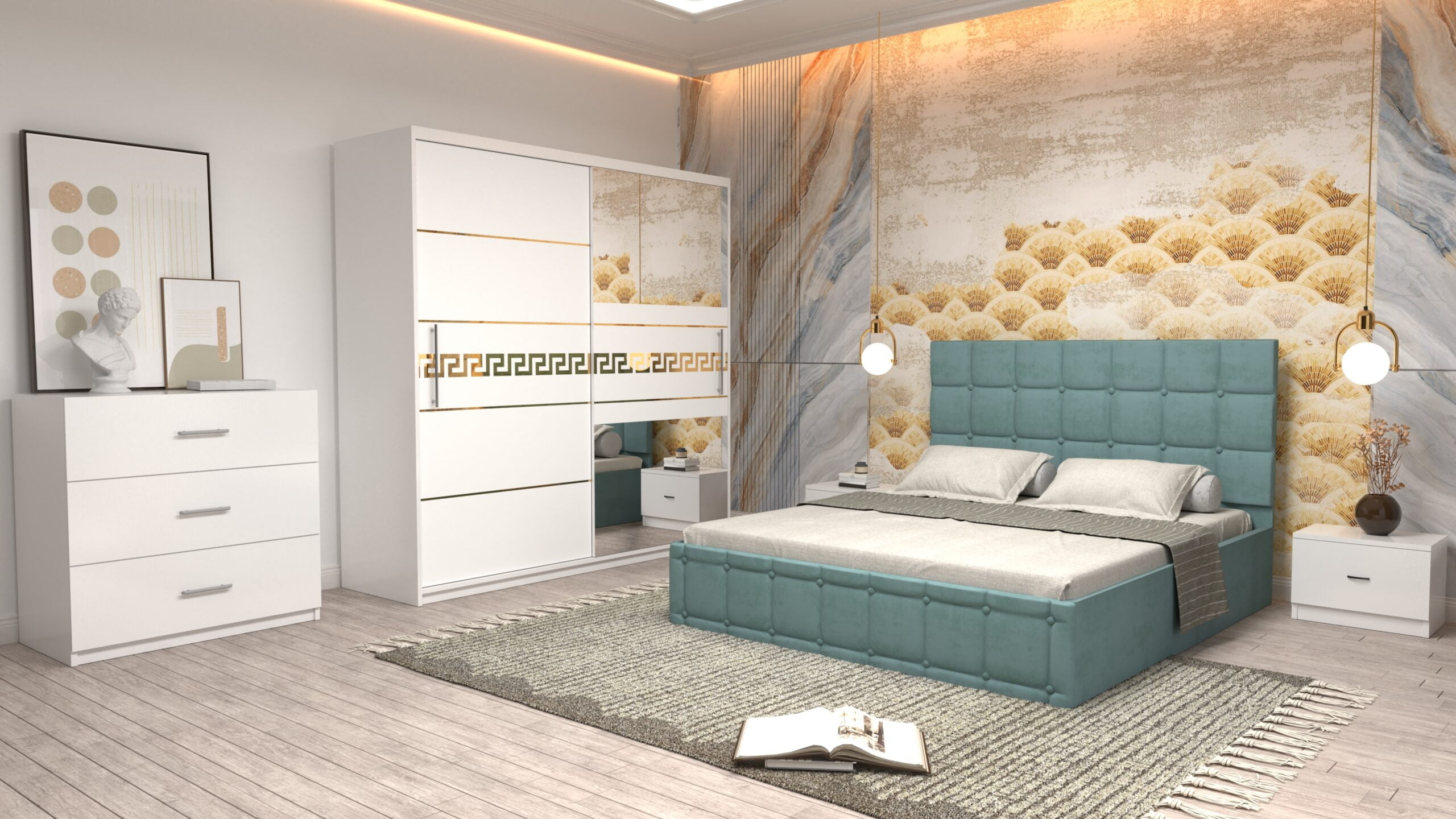 ctur-18-scaled-1.jpg Dormitor Regal cu Pat Matrimonial Turcoaz Stofa Dulap Gold usi glisante 200 x 200 cm Alb cu usi Albe Cu Oglinda Noptiere si comoda TV - imagine 1