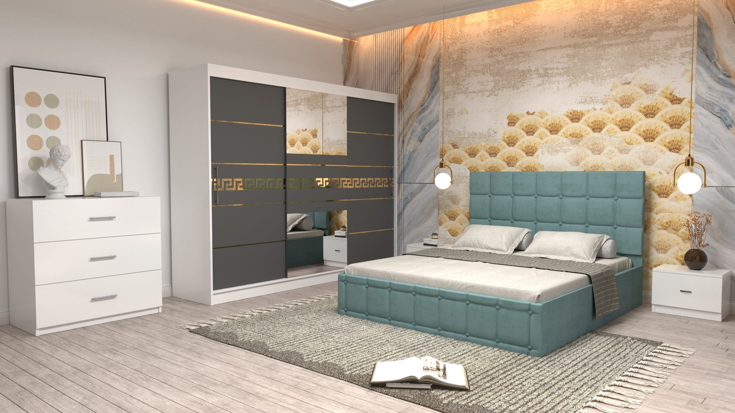 ctur-3-scaled-1.jpg Dormitor Regal cu Pat Matrimonial Turcoaz Stofa Dulap Gold usi glisante 250 x 200 cm Alb cu usi Gri cu Oglinda Noptiere si comoda TV - imagine 1