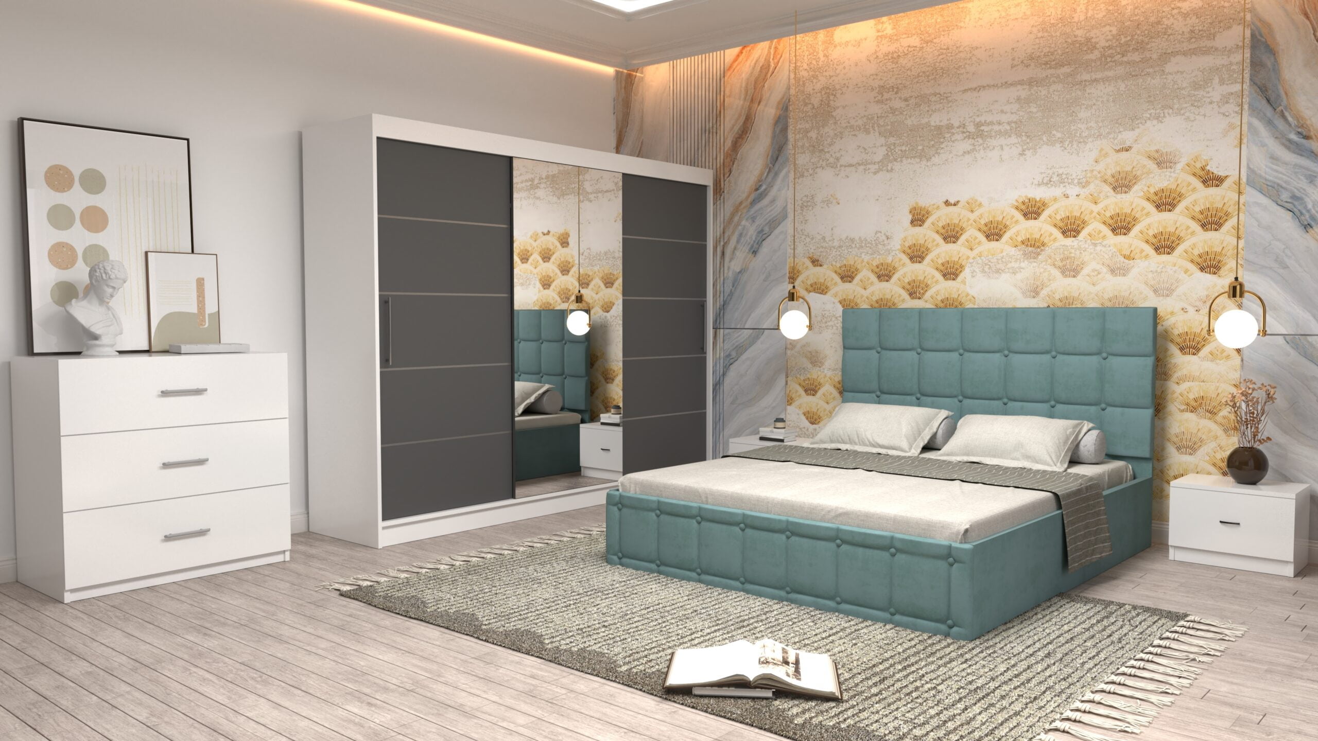 ctur-4-scaled-1.jpg Dormitor Regal cu Pat Matrimonial Turcoaz Stofa Dulap usi glisante 250 x 200 cm Alb cu usi Gri cu Oglinda Noptiere si comoda TV - imagine 1