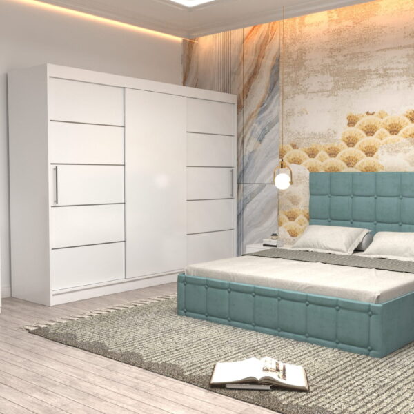 Dormitor Regal cu Pat Matrimonial Turcoaz Stofa Dulap usi glisante 250 x 200 cm Alb cu usi Albe Fara Oglinda Noptiere si comoda TV