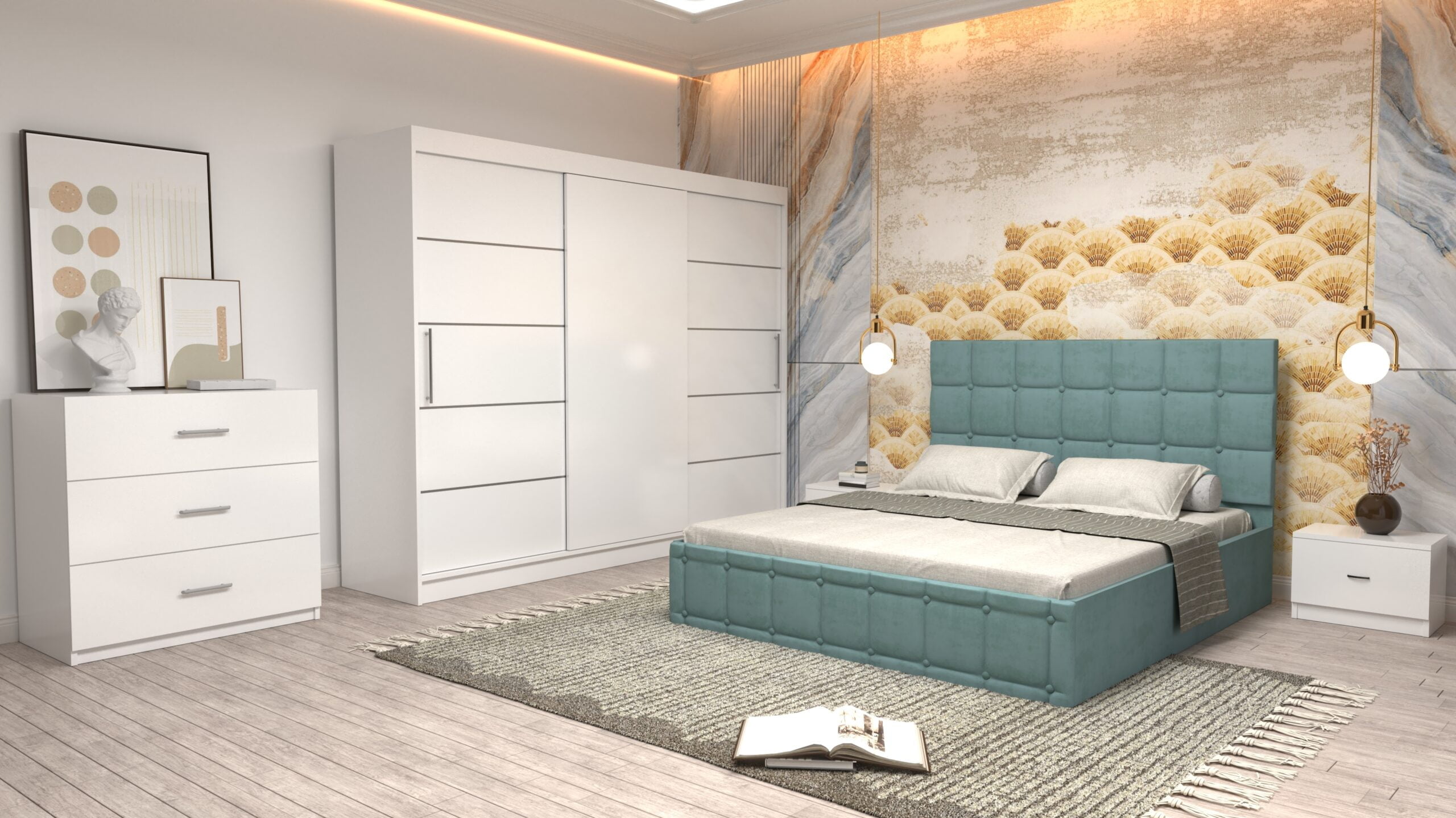 ctur-6-scaled-1.jpg Dormitor Regal cu Pat Matrimonial Turcoaz Stofa Dulap usi glisante 250 x 200 cm Alb cu usi Albe Fara Oglinda Noptiere si comoda TV - imagine 1