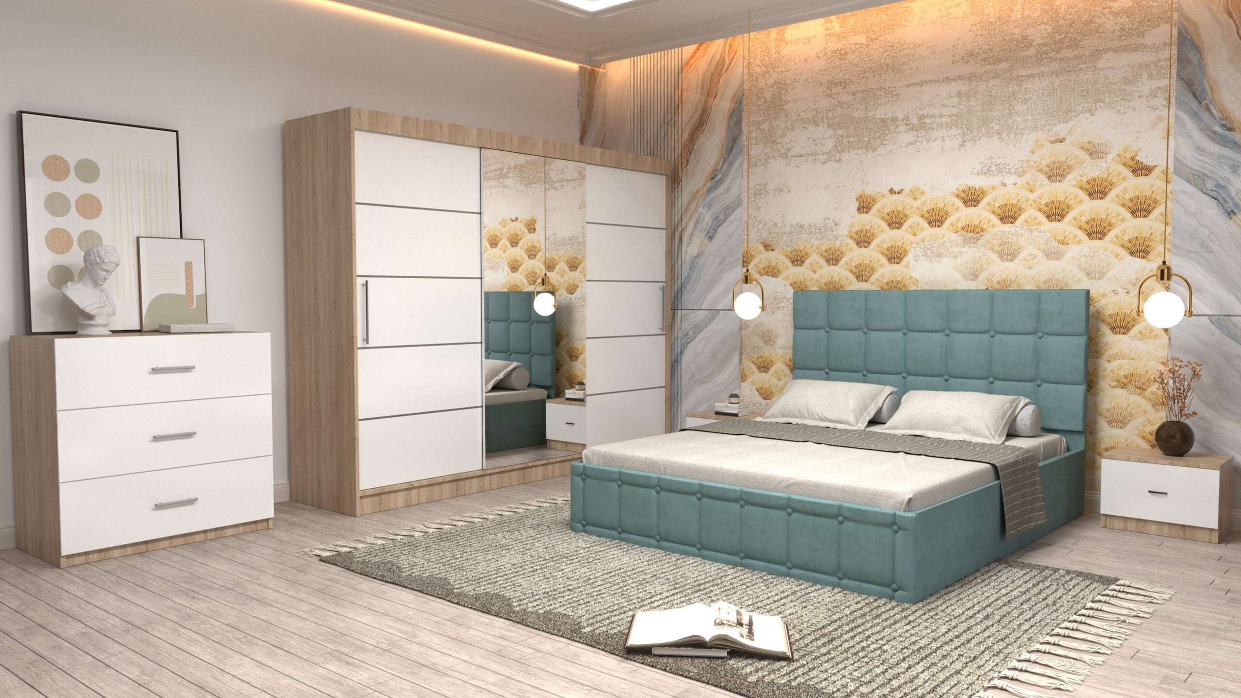 ctur-7-scaled-1.jpg Dormitor Regal cu Pat Matrimonial Turcoaz Stofa Dulap usi glisante 250 x 200 cm Sonoma cu usi Albe Cu Oglinda Noptiere si comoda TV - imagine 1