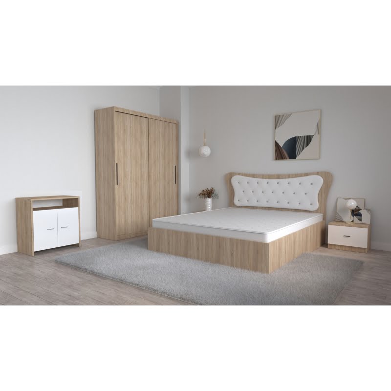 dormitor-dante-alb-cu-pat-matrimonial-160-cm-x-200-cm-dulap-lorena-3-usi-noptiere-si-comoda-tv-royal-5.jpg Dormitor Dante Sonoma Alb Cu Pat Matrimonial 160 cm x 20 cm Dulap Usi Glisante fara Oglinda Noptiere si Comoda Lorena Stejar - imagine 1