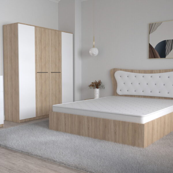 Dormitor Dante Sonoma Alb cu Pat Matrimonial 160 cm x 200 cm Dulap 4 usi Lorena Noptiere si Comoda tv 3 sertare