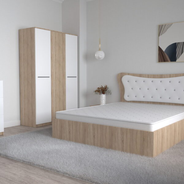 Dormitor Dante Sonoma Alb cu Pat Matrimonial 160 cm x 200 cm Dulap Lorena 3 usi Noptiere si Comoda Tv 3 sertare