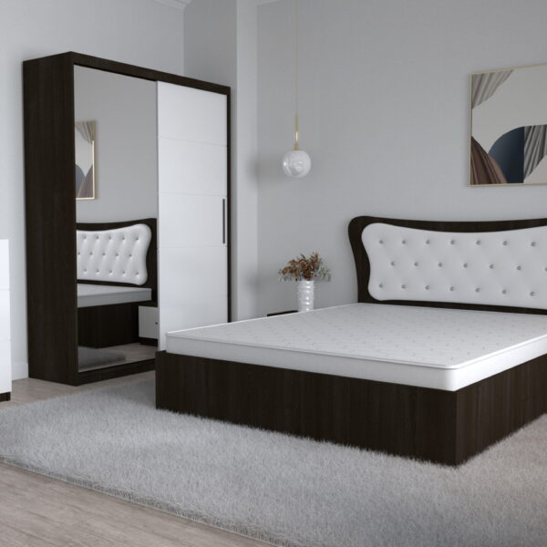 Dormitor Dante Magia Alb cu Pat Matrimonial 160 cm x 200 cm Dulap Usi glisante cu Oglinda Noptiere si comoda Tv 3 sertare