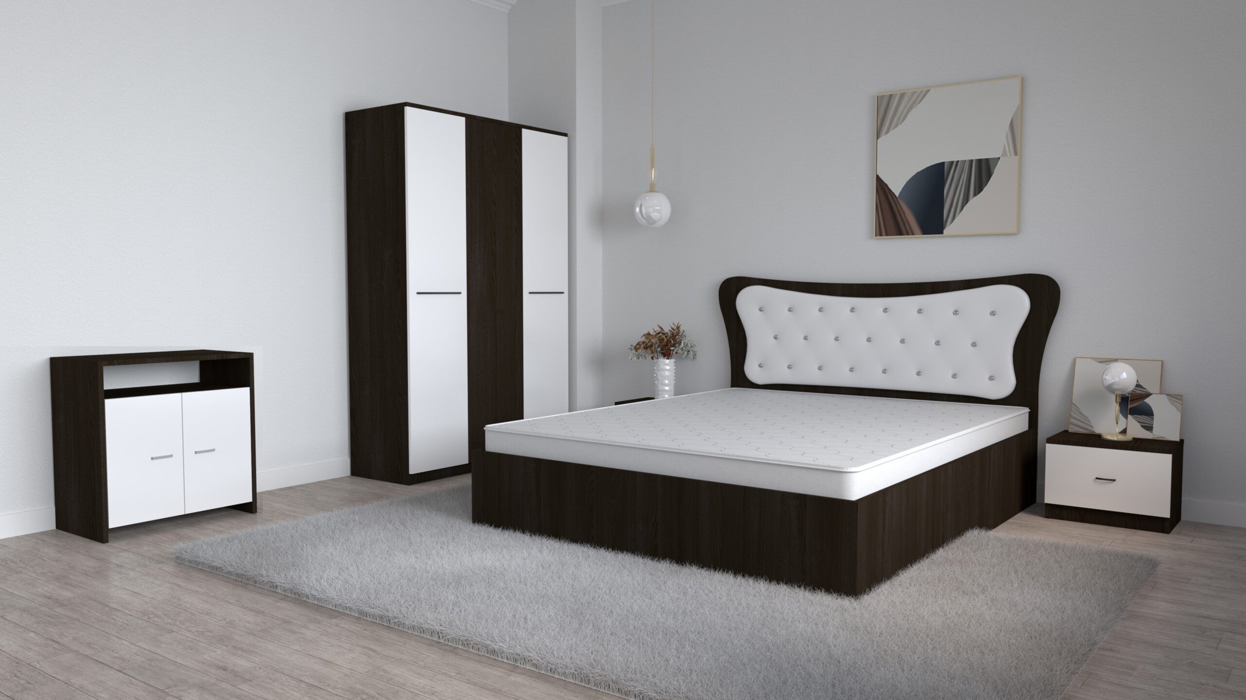 dormitor-dante-wenge-cu-dulap-Roxana-3-usi-wenge-si-comoda-Lorena-wenge-scaled-1.jpg Dormitor Dante Magia Alb cu Pat Matrimonial 160 cm x 200 cm Dulap Lorena 3 usi Noptiere si Comoda Tv Lorena - imagine 1