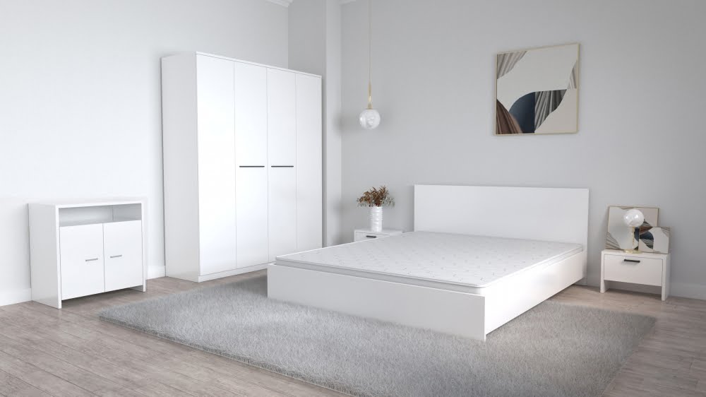 dormitor-lorena-alb-cu-pat-matrimonial-dulap-lorena-4-usi-noptiere-si-comoda-tv-lorena.jpg Dormitor Lorena Alb cu Pat Matrimonial Dulap Lorena 4 usi Noptiere si comoda Tv Lorena - imagine 1