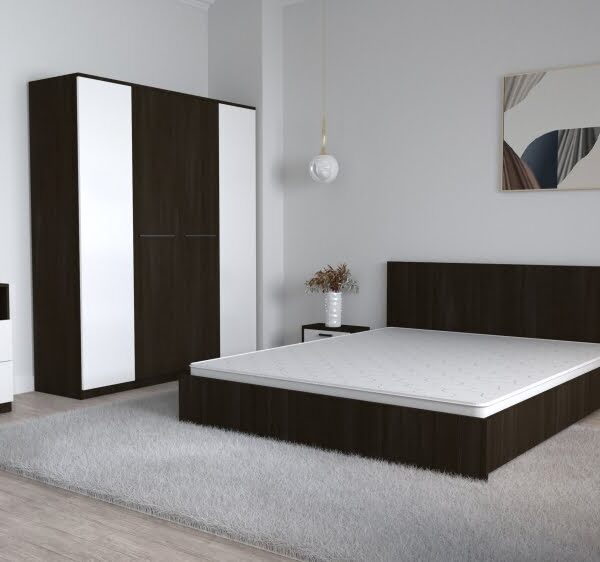 Dormitor Lorena Wenge Alb cu Pat Matrimonial Dulap Lorena 4 usi Noptiere si Comoda tv Royal