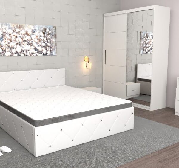 Dormitor Milano cu Dulap usi glisante cu oglinda Alb ,Comoda Tv Alba ,Pat Matrimonial Alb si Noptiere Albe