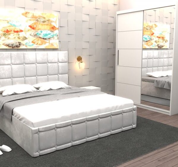 Set Dormitor Regal cu Pat Tapitat Alb stofa cu dulap usi glisante Alb cu oglinda si fara comoda Tv