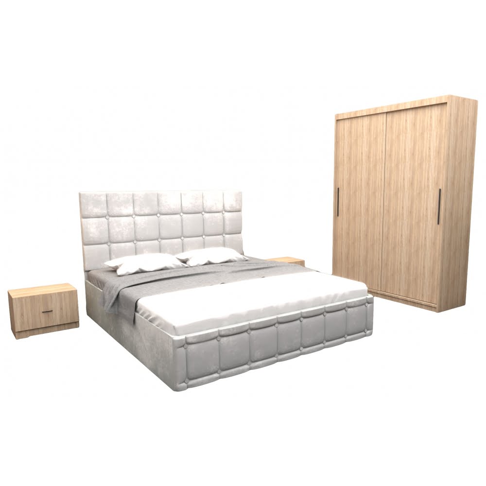 dormitor-regal-cu-pat-tapitat-alb-stofa-cu-dulap-usi-glisante-sonoma-fara-oglinda-si-fara-comoda-tv-1.jpg Set Dormitor Regal cu Pat Tapitat Alb stofa cu dulap usi glisante Sonoma fara oglinda si fara comoda Tv - imagine 2