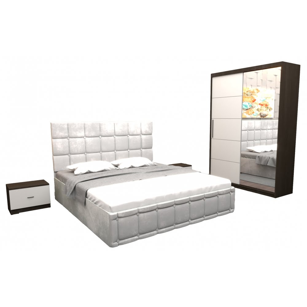 dormitor-regal-cu-pat-tapitat-alb-stofa-cu-dulap-usi-glisante-wenge-cu-oglinda-si-fara-comoda-tv-1.jpg Set Dormitor Regal cu Pat Tapitat Alb stofa cu dulap usi glisante Wenge cu oglinda si fara comoda Tv - imagine 2