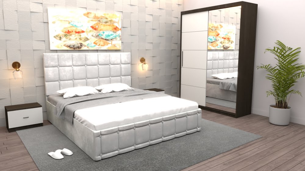 dormitor-regal-cu-pat-tapitat-alb-stofa-cu-dulap-usi-glisante-wenge-cu-oglinda-si-fara-comoda-tv.jpg Set Dormitor Regal cu Pat Tapitat Alb stofa cu dulap usi glisante Wenge cu oglinda si fara comoda Tv - imagine 1