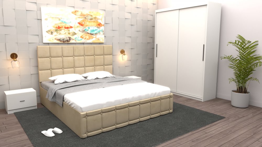 dormitor-regal-cu-pat-tapitat-bej-stofa-cu-dulap-usi-glisante-alb-fara-oglinda-si-fara-comoda-tv.jpg Set Dormitor Regal cu Pat Tapitat Bej stofa cu dulap usi glisante Alb fara oglinda si fara comoda Tv - imagine 1
