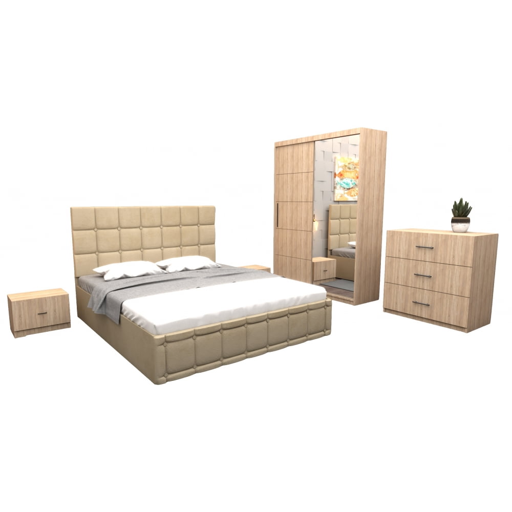 dormitor-regal-cu-pat-tapitat-bej-stofa-cu-dulap-usi-glisante-sonoma-cu-oglinda-si-cu-comoda-tv-1.jpg Set Dormitor Regal cu Pat Tapitat Bej stofa cu dulap usi glisante Sonoma cu oglinda si cu comoda Tv - imagine 3