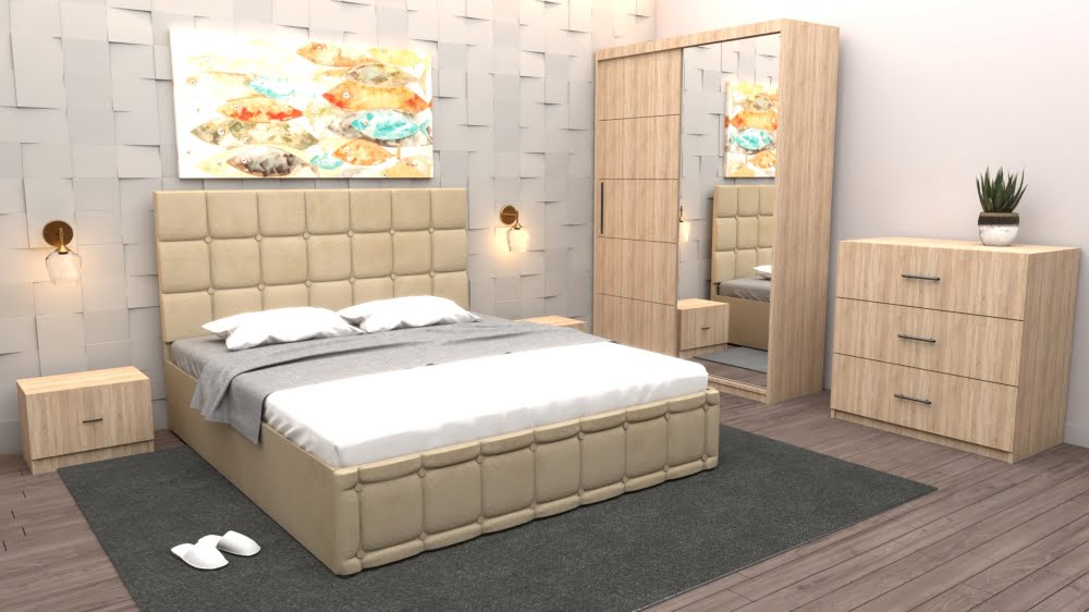 dormitor-regal-cu-pat-tapitat-bej-stofa-cu-dulap-usi-glisante-sonoma-cu-oglinda-si-cu-comoda-tv.jpg Set Dormitor Regal cu Pat Tapitat Bej stofa cu dulap usi glisante Sonoma cu oglinda si cu comoda Tv - imagine 1