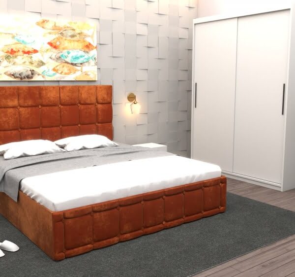 Set Dormitor Regal cu Pat Tapitat Caramiziu stofa cu dulap usi glisante Alb fara oglinda si fara comoda Tv