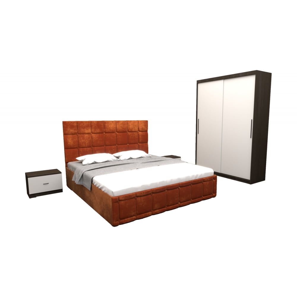 dormitor-regal-cu-pat-tapitat-caramiziu-stofa-cu-dulap-usi-glisante-wenge-fara-oglinda-si-fara-comoda-tv-1.jpg Set Dormitor Regal cu Pat Tapitat Caramiziu stofa cu dulap usi glisante Wenge fara oglinda si fara comoda Tv - imagine 2