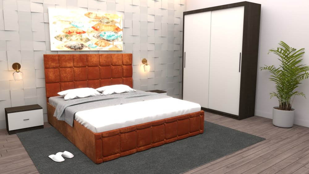 dormitor-regal-cu-pat-tapitat-caramiziu-stofa-cu-dulap-usi-glisante-wenge-fara-oglinda-si-fara-comoda-tv.jpg Set Dormitor Regal cu Pat Tapitat Caramiziu stofa cu dulap usi glisante Wenge fara oglinda si fara comoda Tv - imagine 1