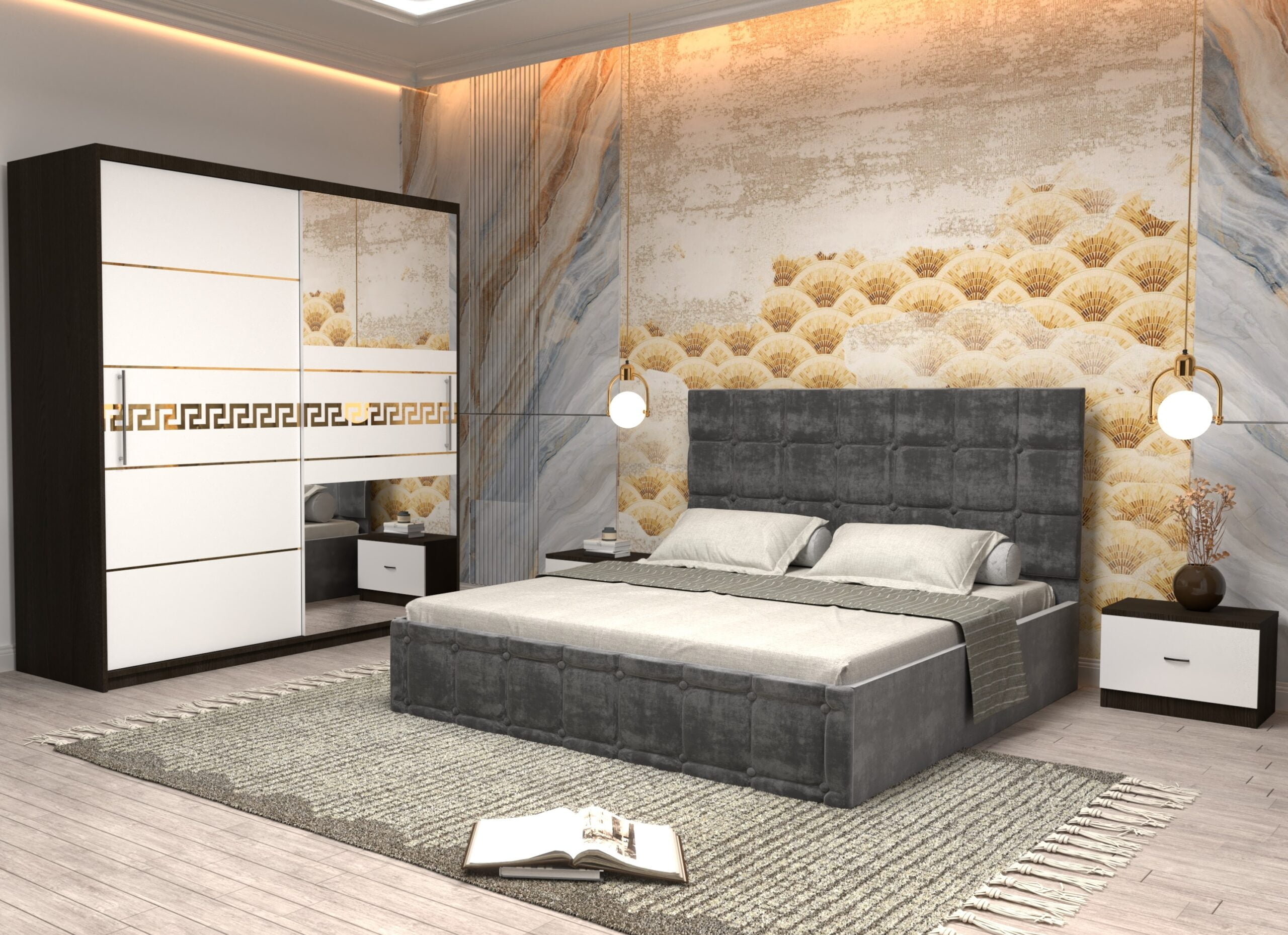 gri-13-scaled-1.jpg Dormitor Regal cu Pat Matrimonial Gri Stofa Dulap Gold usi glisante 200 x 200 cm Wenghe cu usi Albe Cu Oglinda si Noptiere - imagine 1